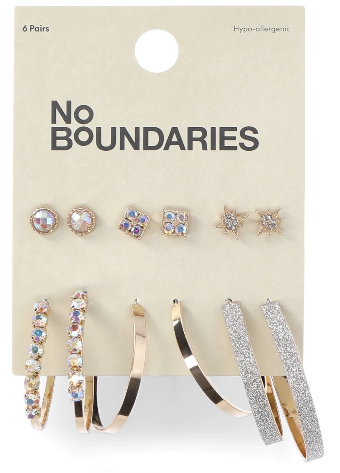 No Boundaries Women’s Goldtone Rhinestone Accent Stud & Hoop Earring 6ct Set NWT