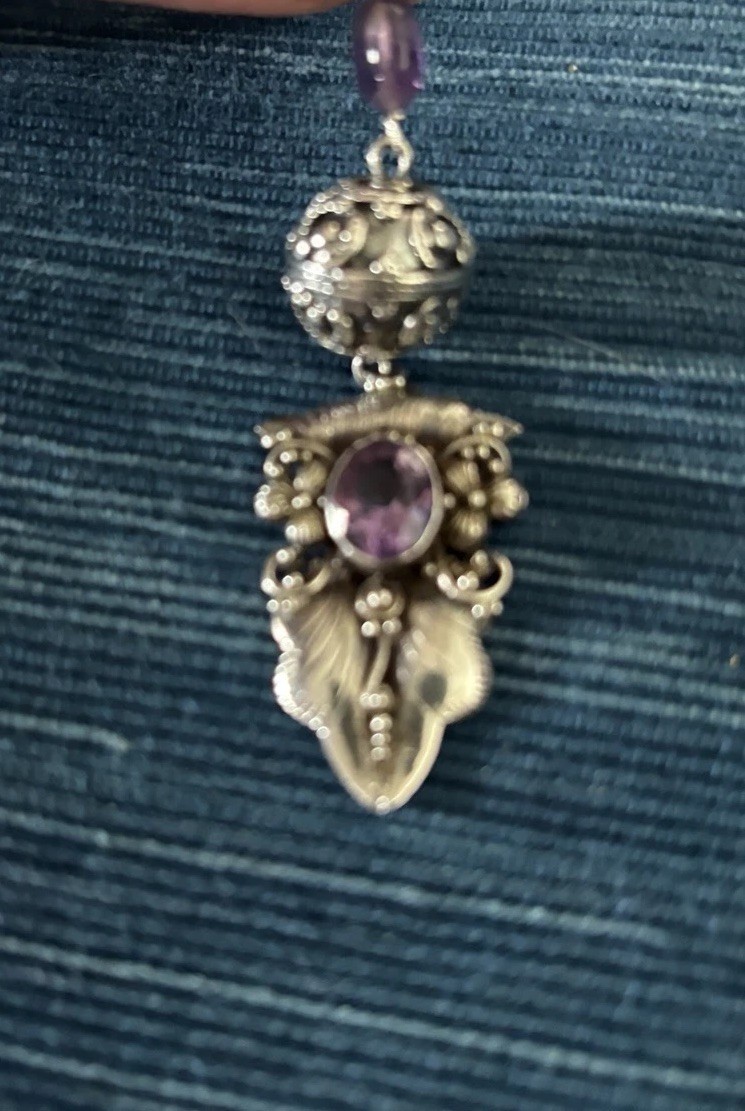 Silver Teardrop Charm Pendant Bezel Set 2 Round Purple Amethyst Stones