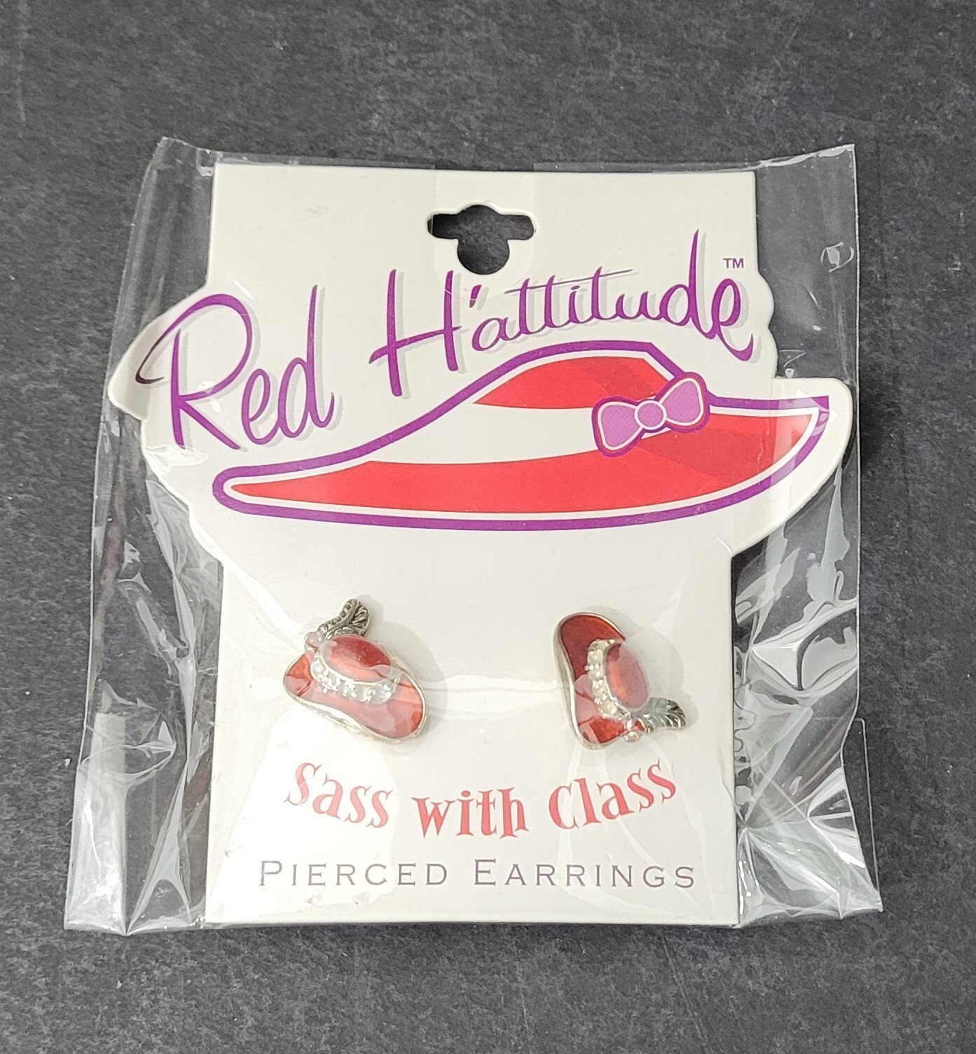 RED H’ATTITUDE-EARRINGS” PIERCED-GOLDTONE TRIM RED EPOXY -New in package