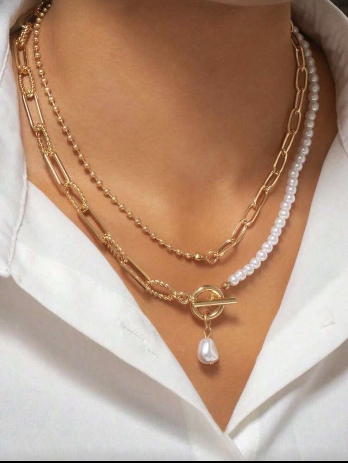 Vintage Baroque Pearl & Paperclip ChainNecklace – Elegant Toggle Clasp