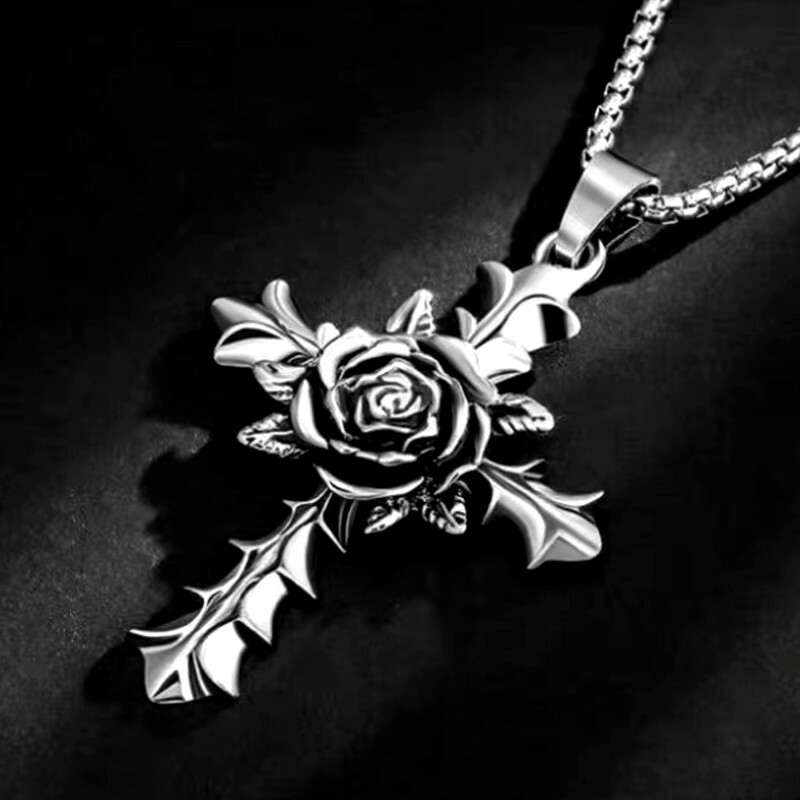 Silver Rose Cross Pendant Necklace Rosicrucian Christian Jewelry Box Chain 24″
