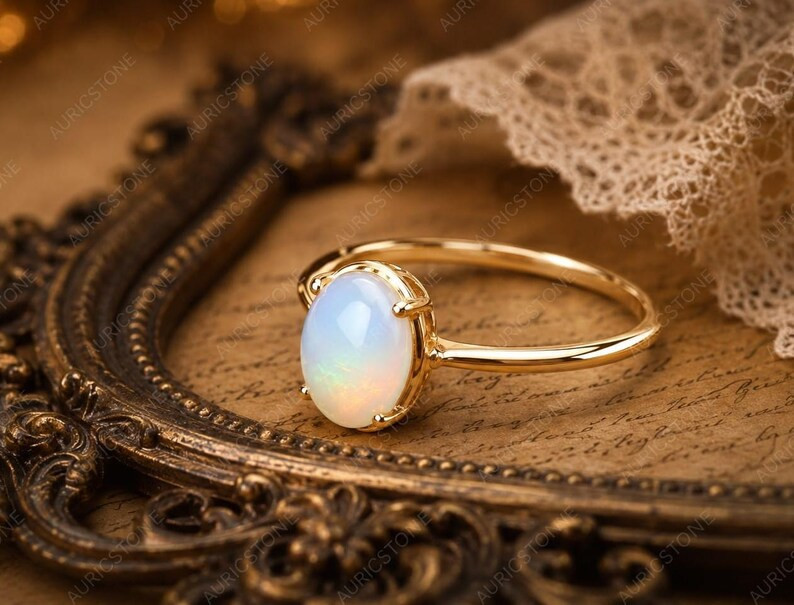 Lab Created White Opal Ring, Base Metal: Brass Finish: Gold Plated Gift For Her