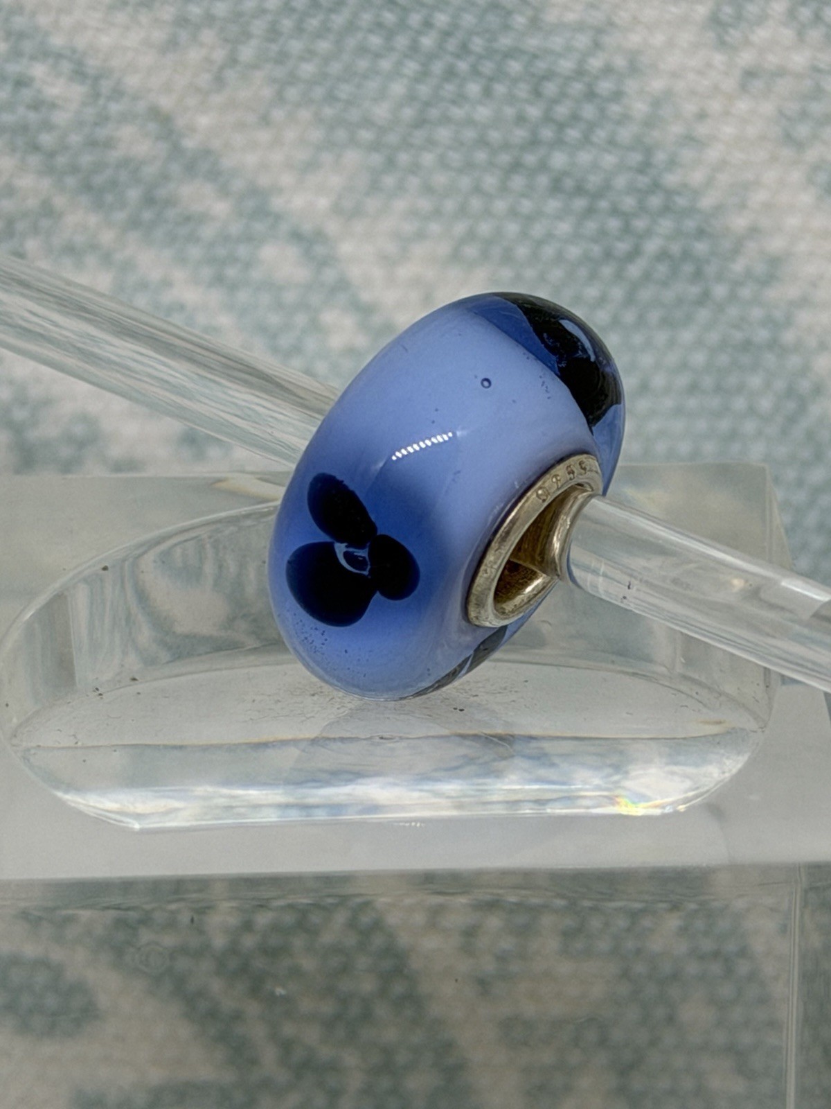 Authentic Trollbeads OOAK Navy (Almost Black) Flowers on Light Blue UU, New(125)