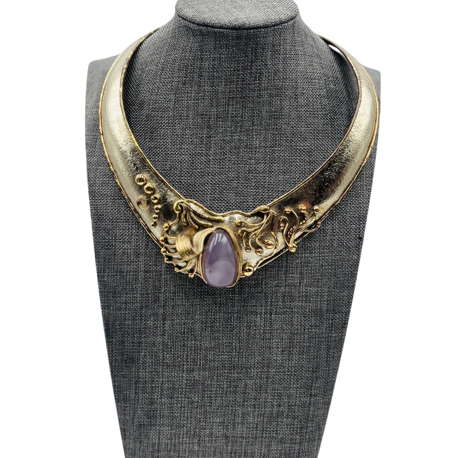 IXEL Mexico Rare Vintage Brutalist Torque Collar Necklace Purple Agate Statement