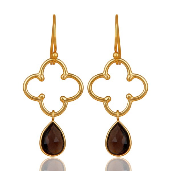 Yellow Gold Plated Boho Earrings With Smoky Gemstone Pear Fancy Earrings Jewelry