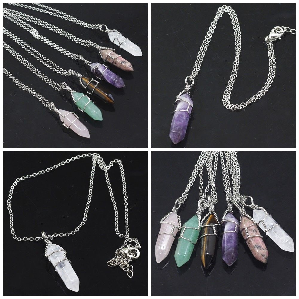 Hexagonal Pendant Point Chakras Wire Wrap Healing Gemstones Chain Necklace
