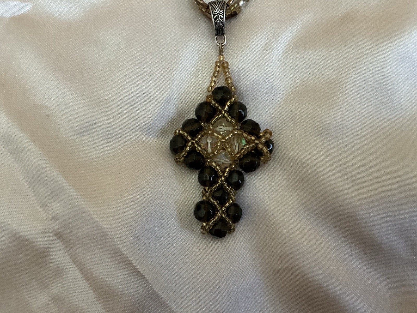 Gold Tone Beaded Necklace Cross Pendant Black Beads Clear Crystal Lobster