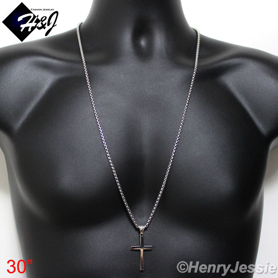 30″MEN Stainless Steel 2mm Silver Smooth Box Chain Necklace Cross Pendant*SP