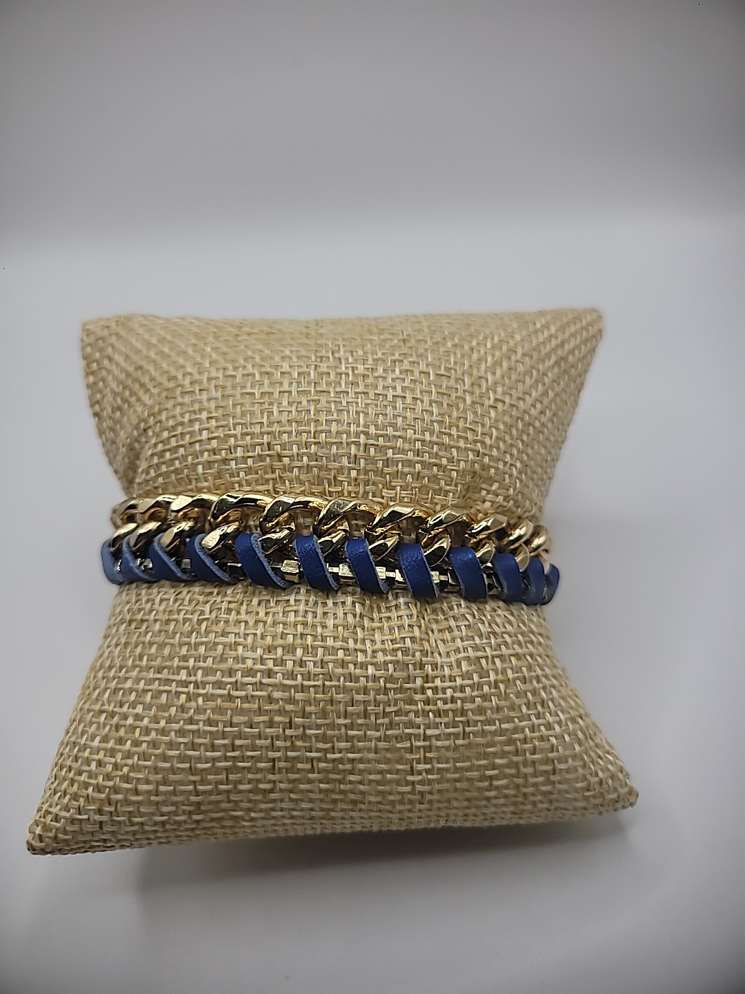 Vintage Ettika Bracelet Gold Tone Chain Leather Braided Blue Purple Jewelry