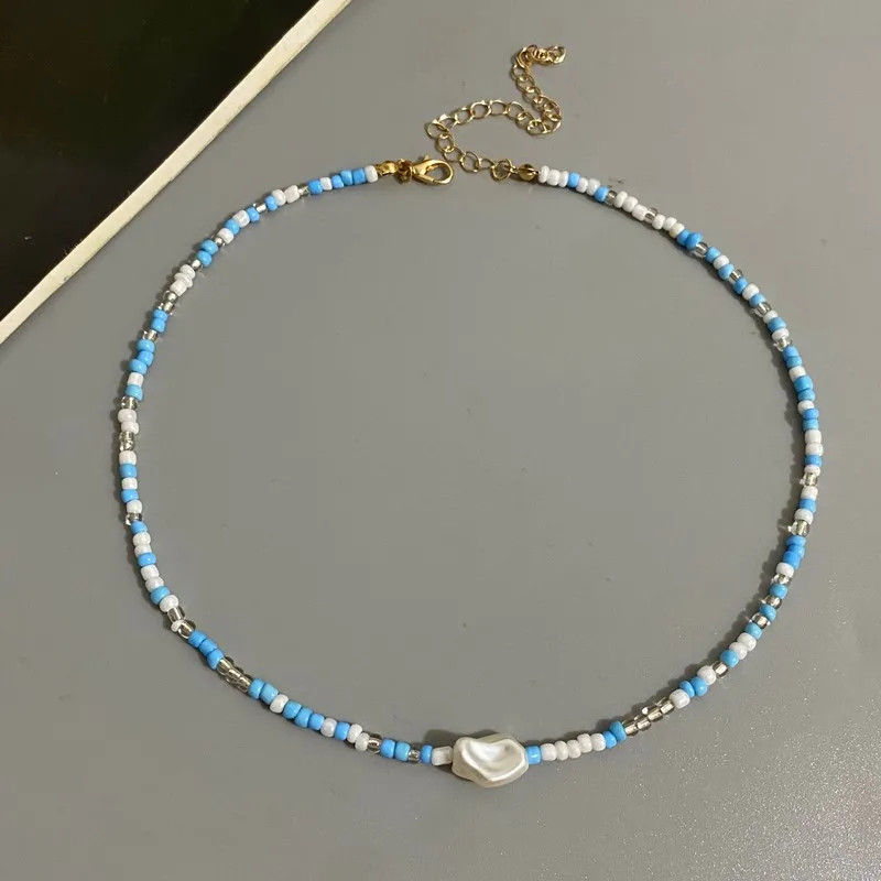 Fashion Boho Beads Necklace Women Imitation Pearl Seed Beaded Strand Short Choke