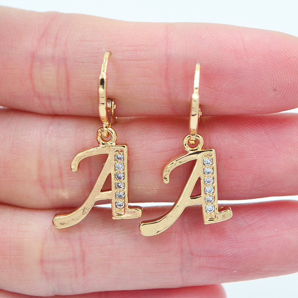 18K Yellow Gold Filled Women Clear Topaz Alphabet Capital Letter A to Z Earrings