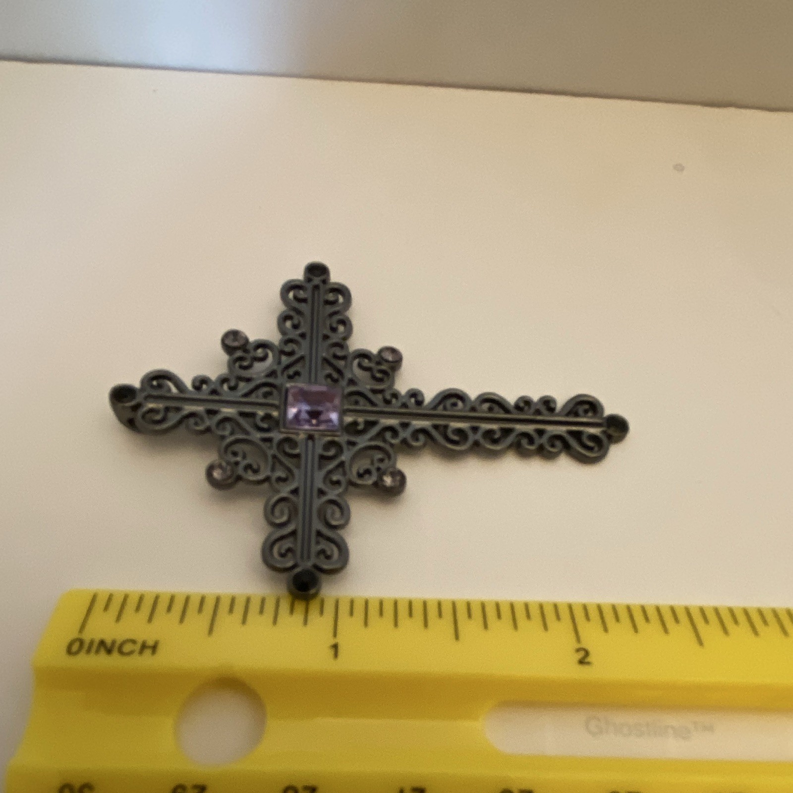 Vintages Black Filigree Cross Pendant Purple Square Crystal Accents Metal