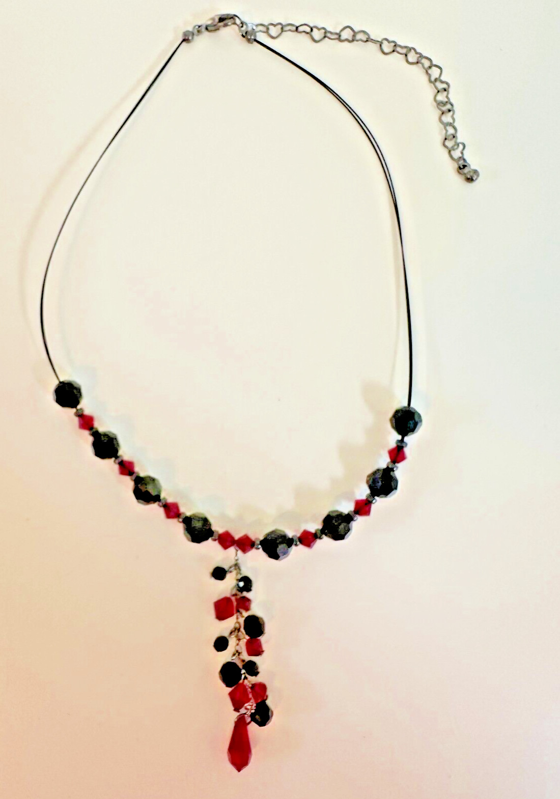 Sterling Silver Wire Necklace Red Grey Glass Bead Faceted Y Drop 12-18 in