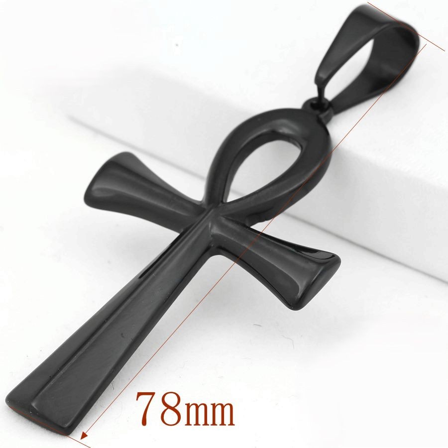 Men’s 24″ Box Chain Ankh CROSS 78mm Black Stainless Steel,Ion Plated Box