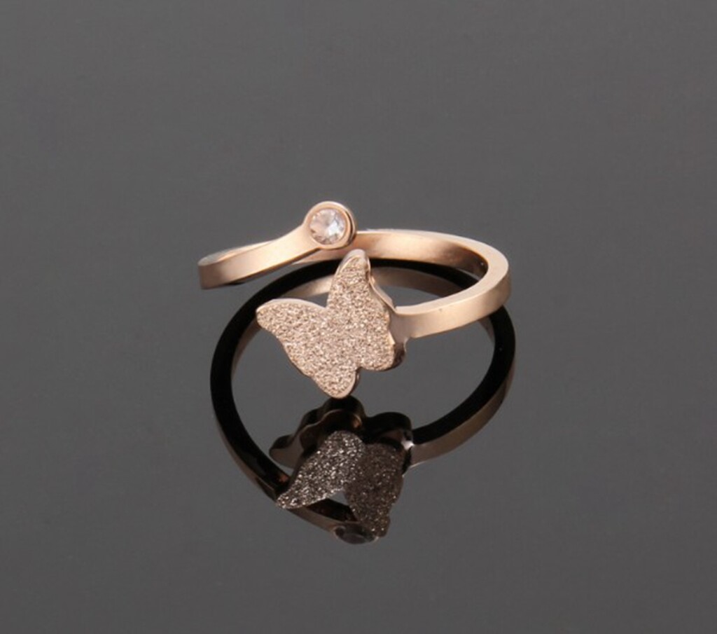 Women / Girl Gold Plated CZ Butterfly Adjust Titanium Stainless Steel Open Ring