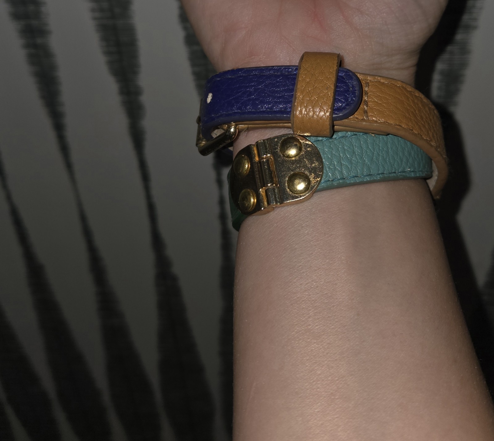 Multicolor Genuine Leather Hinged Gold Tone Hardware Colorblock Bracelet