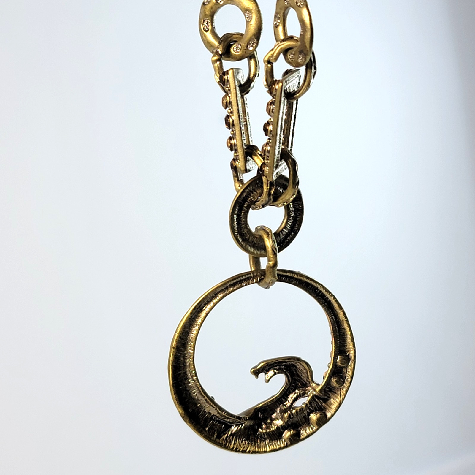Vintage Bronze Tone Leopard Figure Statement Pendant Necklace Brown Leather Cord