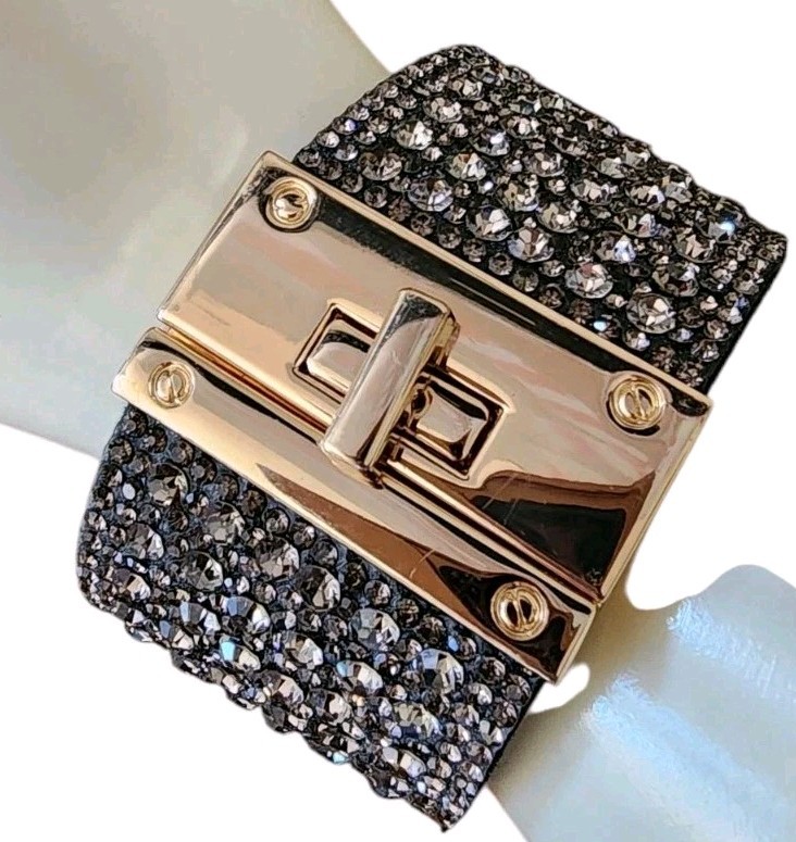 Elegant Champagne Crystal 1 1/2″ Wide Goldtone Buckle Band Wrap Bracelet