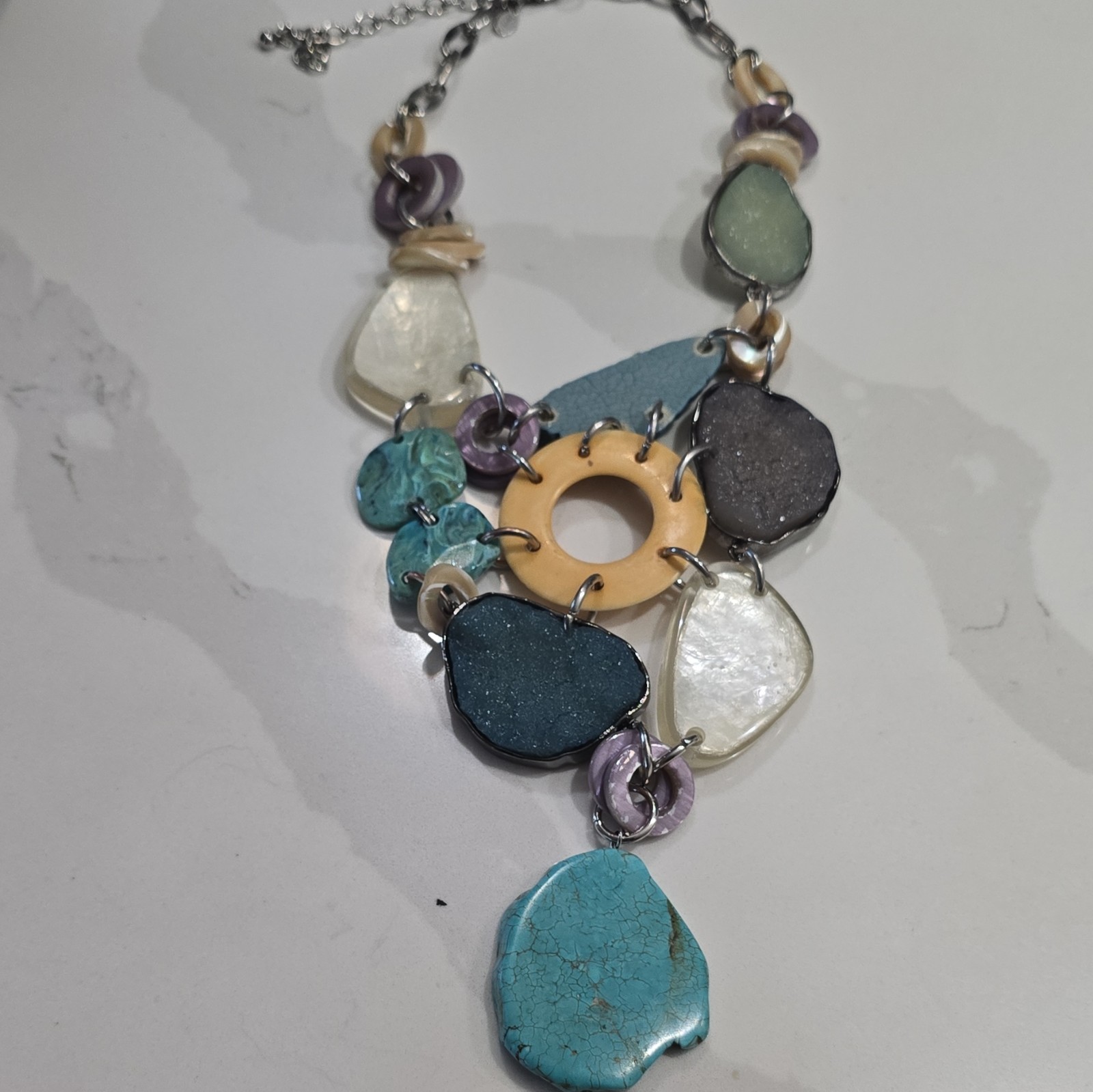Statement Pendant Necklace Turquoise & Shell Charms, Silver Link, Adjustable