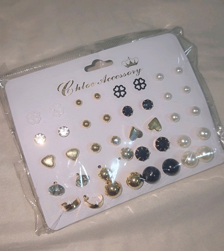 Stud Earrings Set Faux Pearl & Rhinestone Gold Plated Mixed Shapes Butterfly