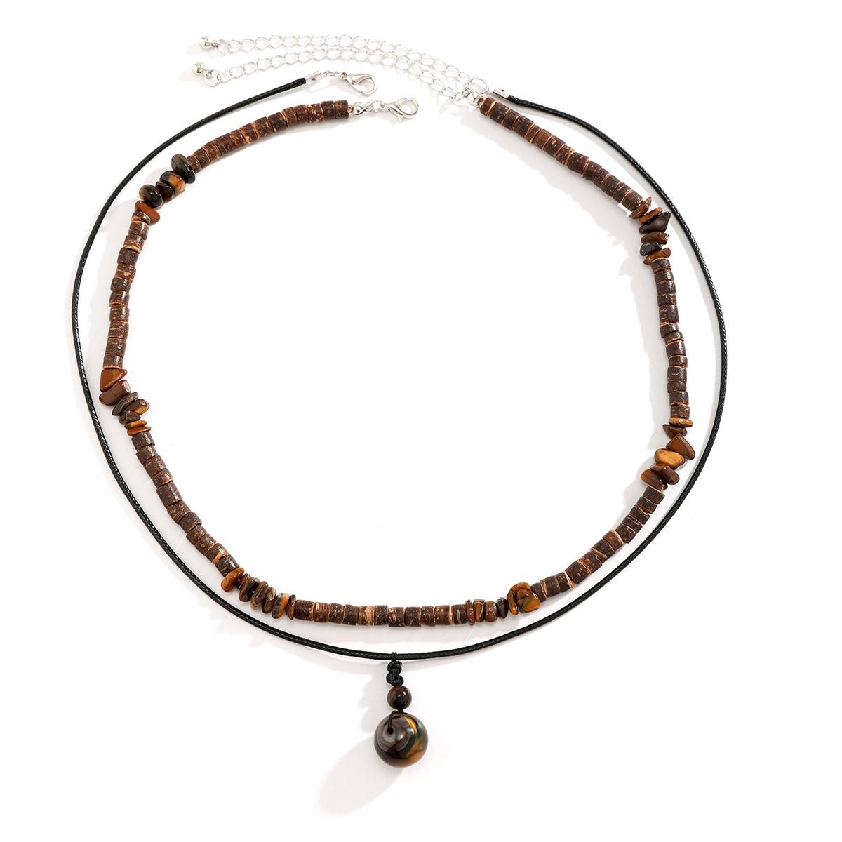 2pcs Boho Stone Pendant Necklaces Vintage Wood Bead Chokers for Men – Ethnic