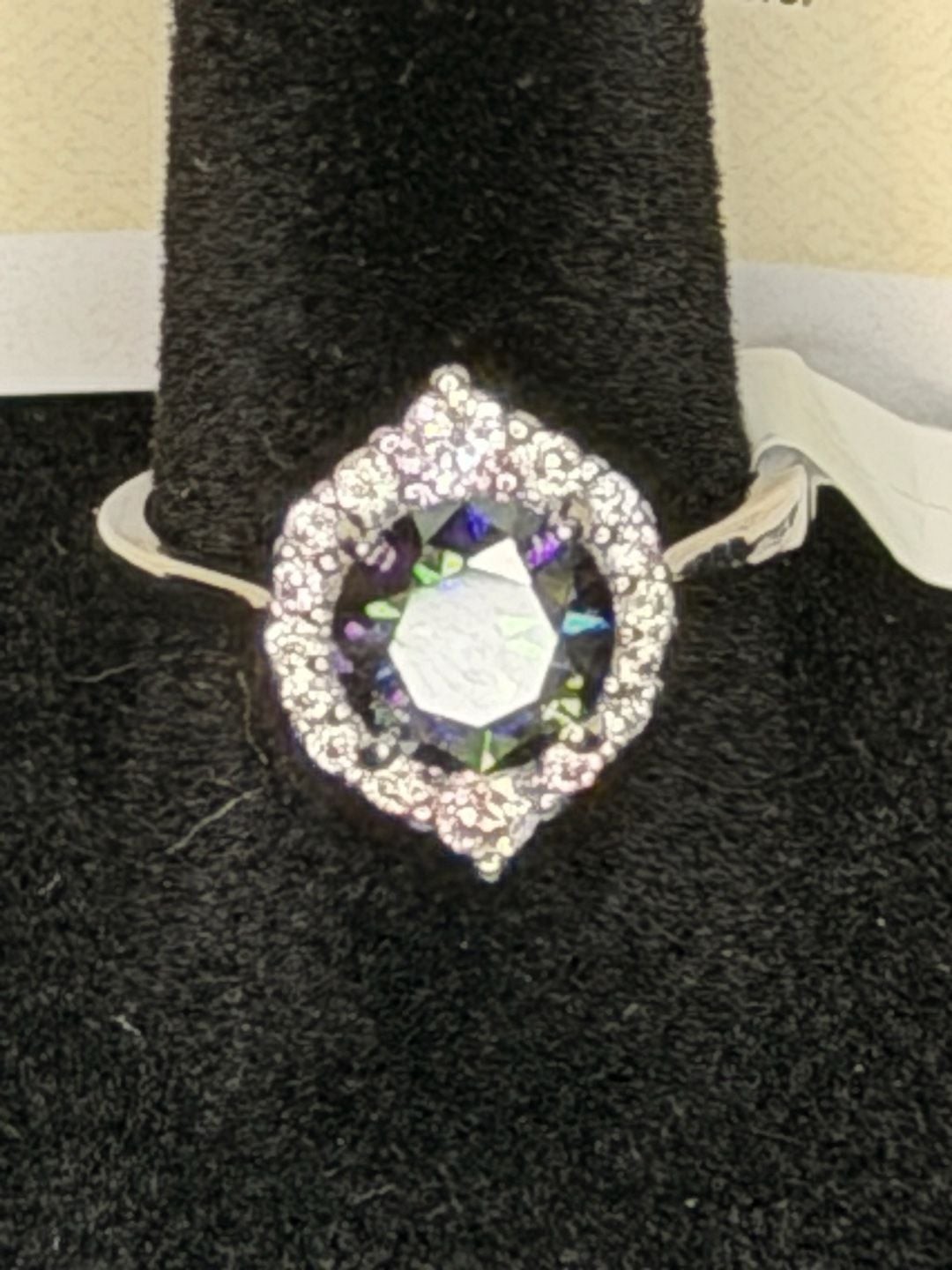 18K White Gold Plated Iridescent Blue Moissanite Halo Ring 2.0CT