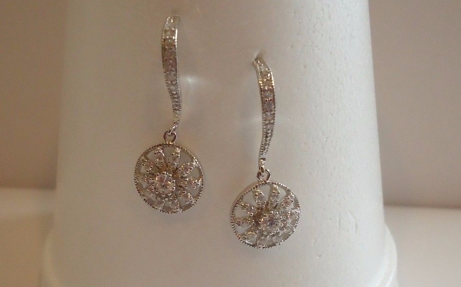 STERLING SILVER DROP/DANGLE EARRINGS .60 CT LAB CREATED DIAMONDS/ NEW DESIGN!