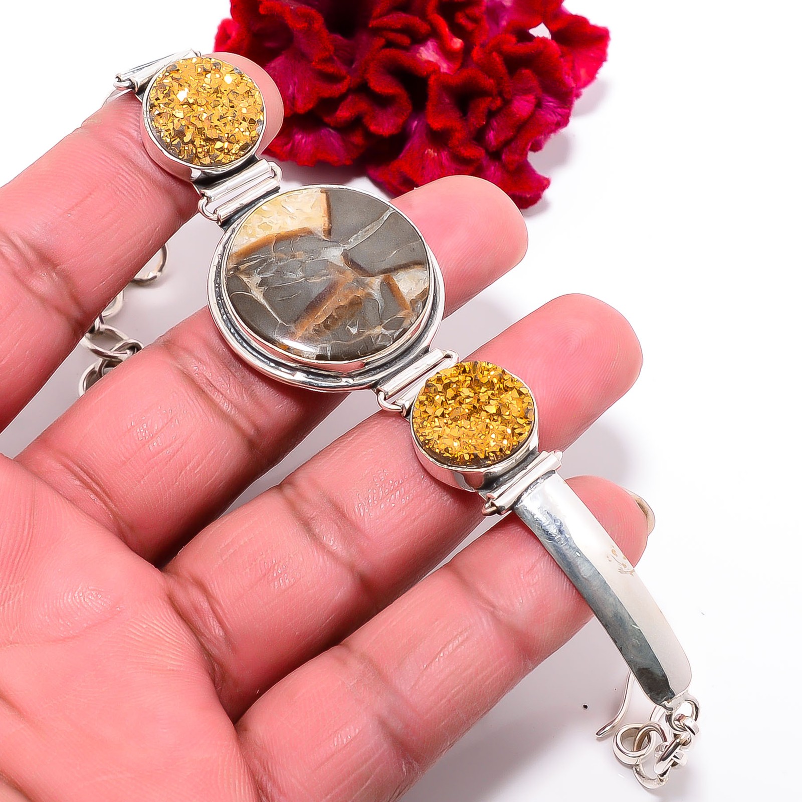 Septarian Stone & Golden Titanium Agate Drusy 925 Silver Bracelet 7.99″ B1001093