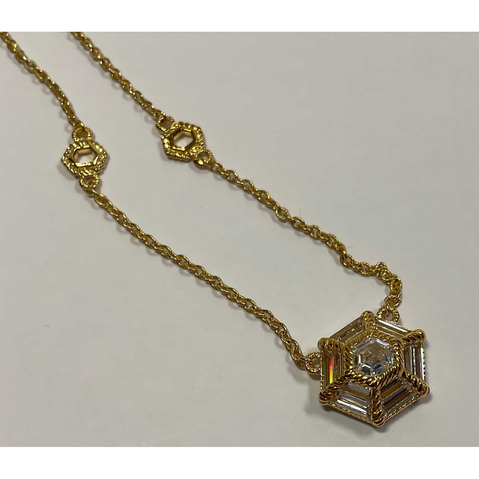 Judith Ripka Gold Tone Hexagon Baguette CZ Sterling .925 Pendant Necklace 19.5″