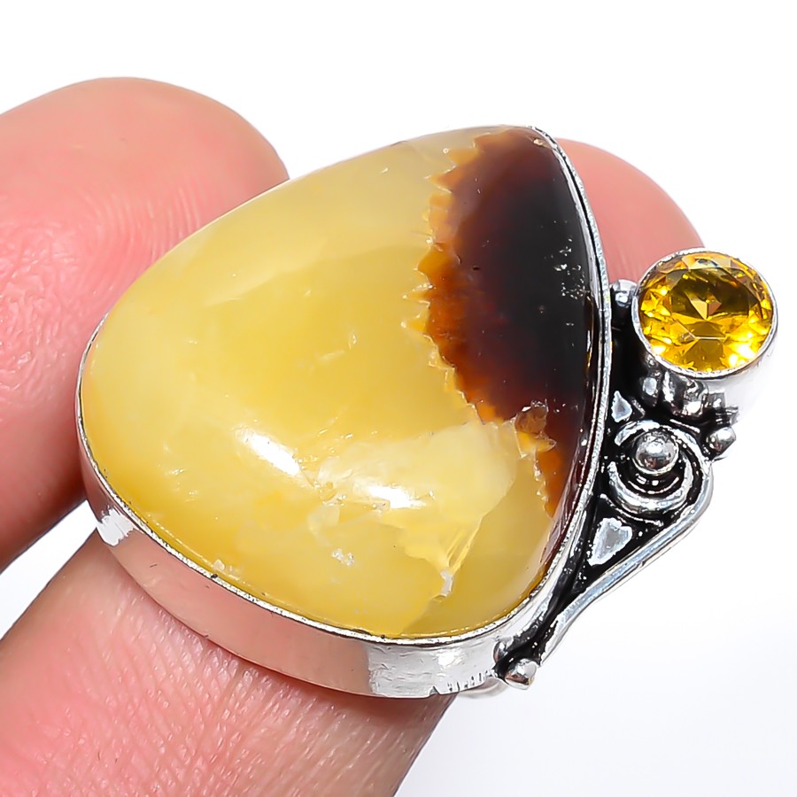 Natural Septerian Stone & Citrine Oxidize Gemstone 925 Silver Plated Ring s.9