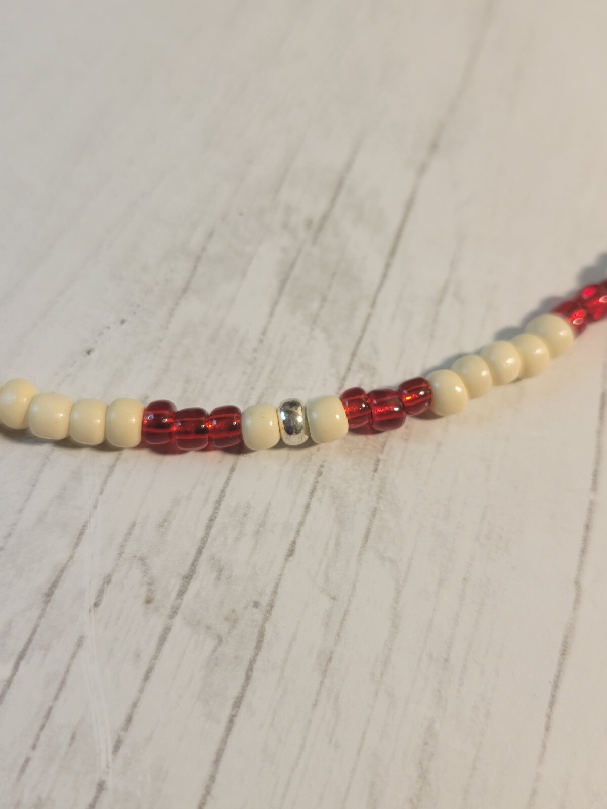 Cream, Silver, & Red Surfer Beaded Handmade Boho Choker Necklace Hippie Beads
