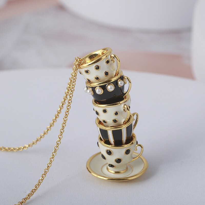 Tea Cup Necklace – Black and White – Gold Chain Enamel WHIMSICAL Stacked Teacups