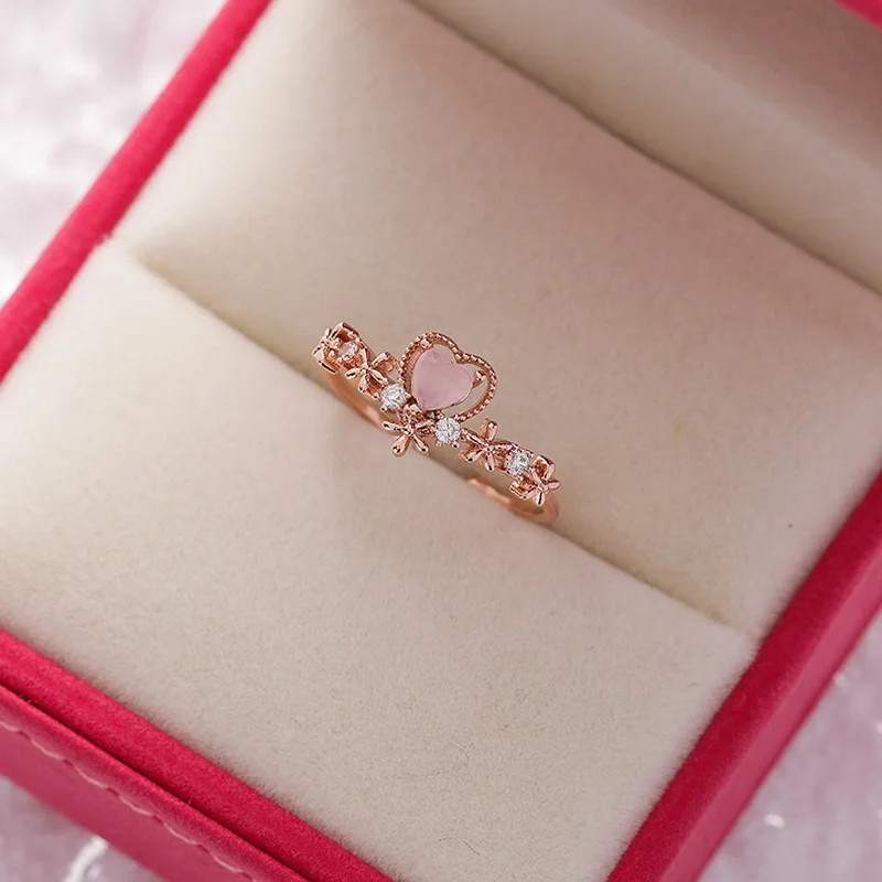 Zircon Heart Ring Tension Setting Rose Gold Plated Cocktail Women Jewelry