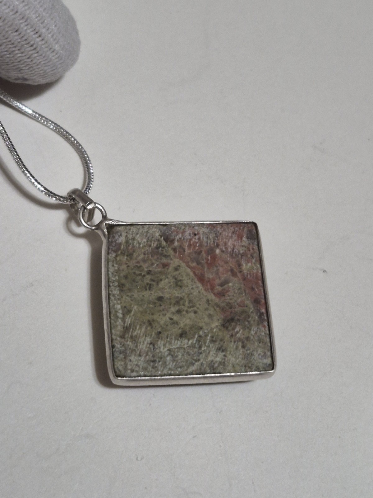 925 Sterling Silver Unakite Jasper Square Pendant Necklace 13.7g