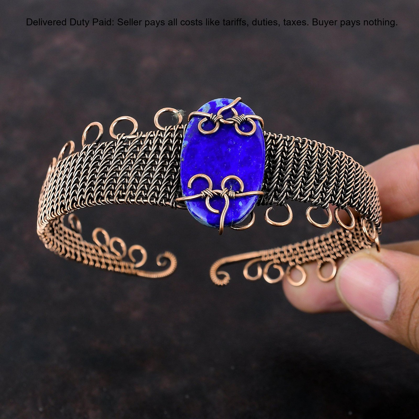Lapis Lazuli Gemstone Daughter September Boho Wire Wrapped Bangle Jewelry Copper