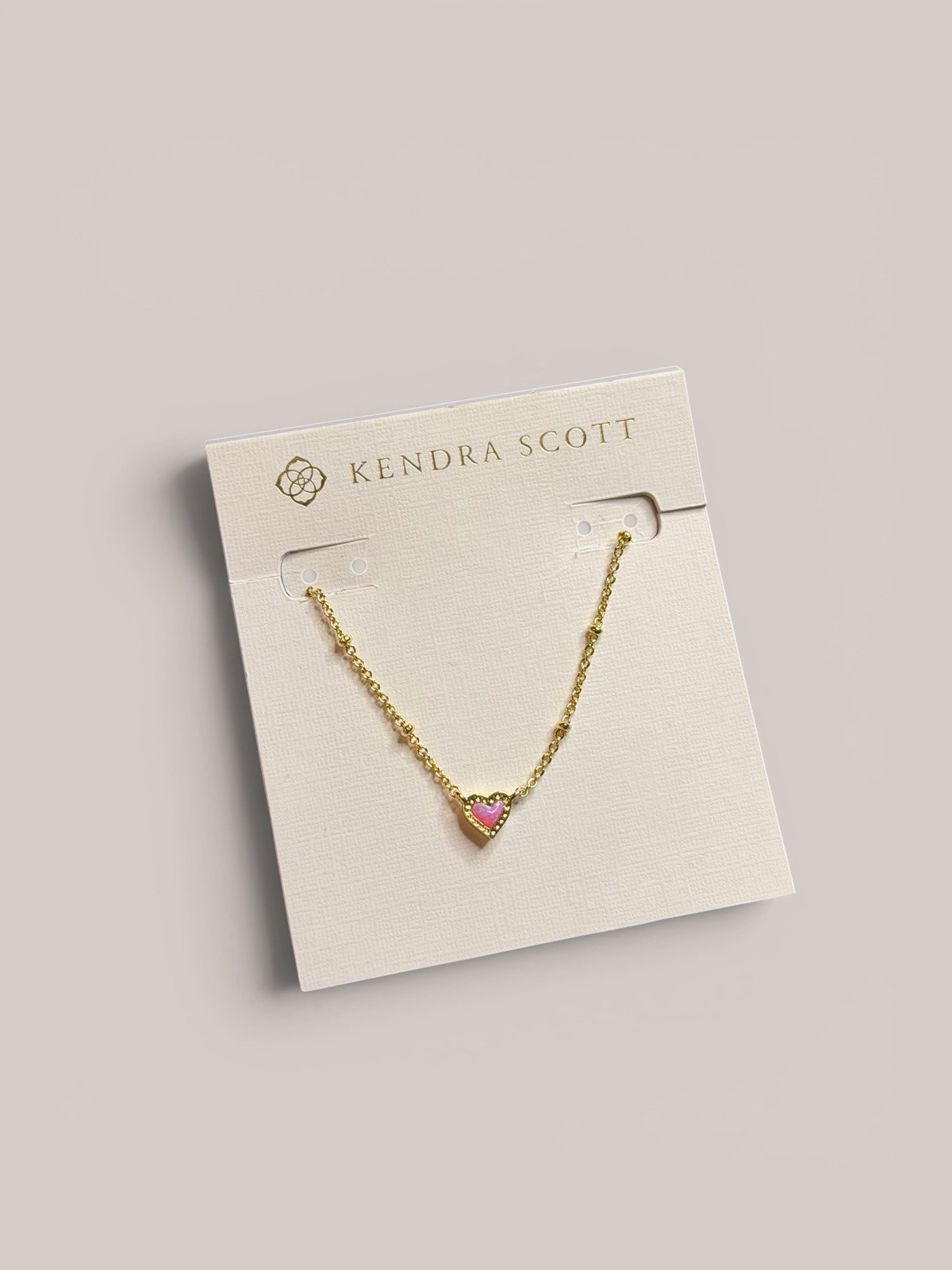 Kendra Scott Mini Ari iridescent bubblegum pink heart satellite gold necklace
