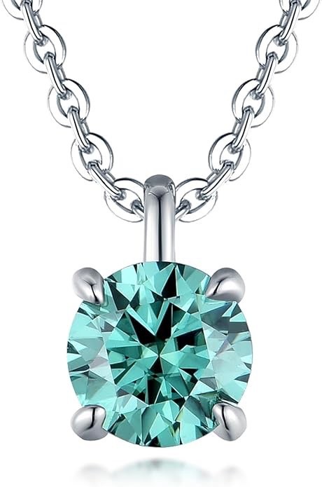 Cyan Moissanite Sterling Silver Necklace, 5mm Solitaire Pendant, 0.5 Carat