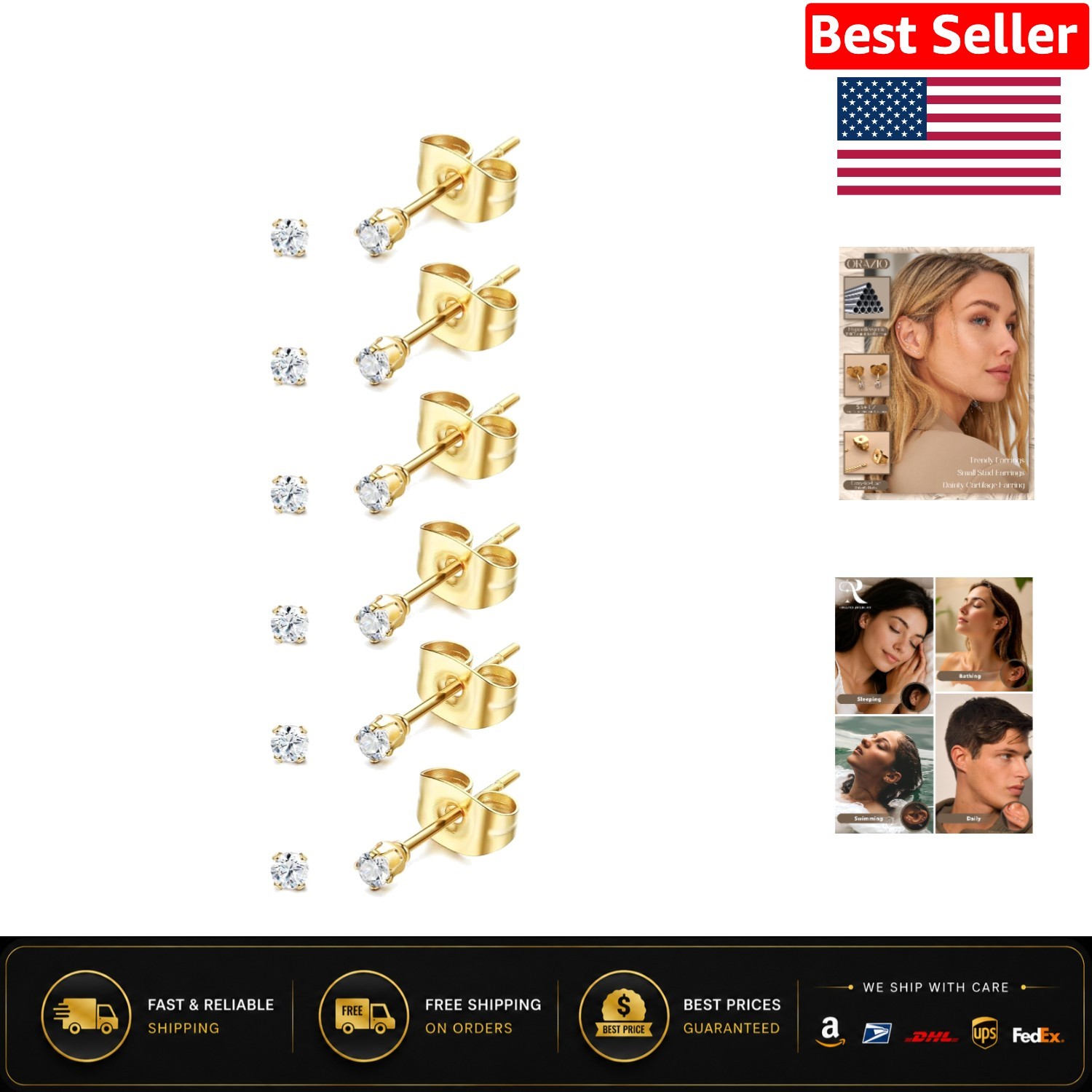 Versatile 2mm Titanium Studs – 6 Pairs of Chic CZ Earrings for All Occasions