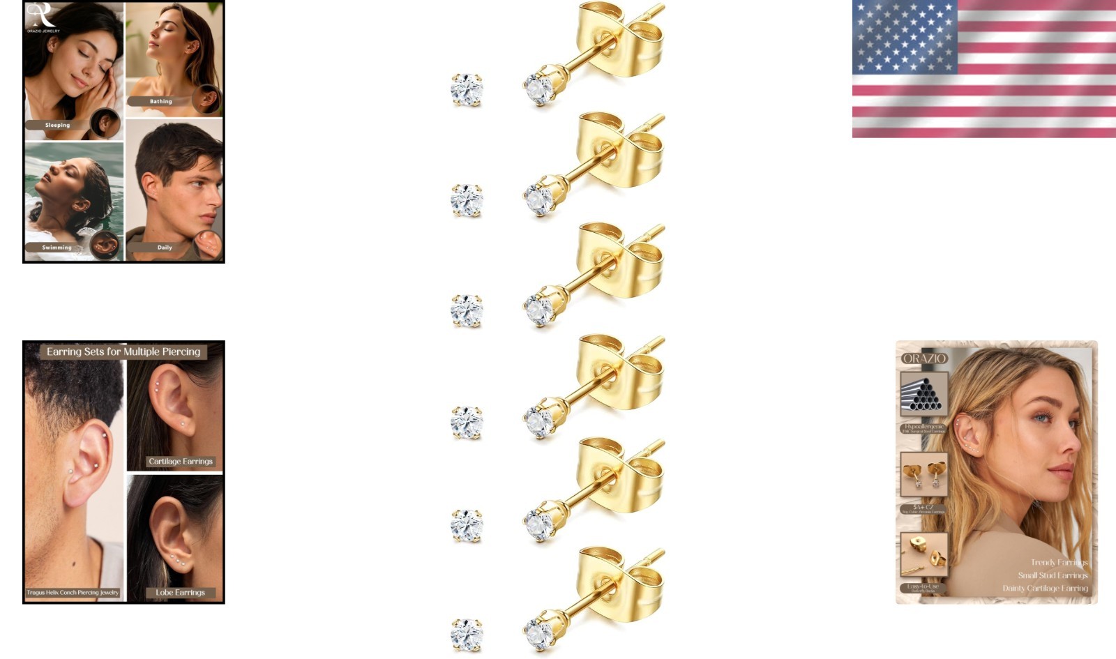 Versatile 2mm Titanium Studs – 6 Pairs of Chic CZ Earrings for All Occasions