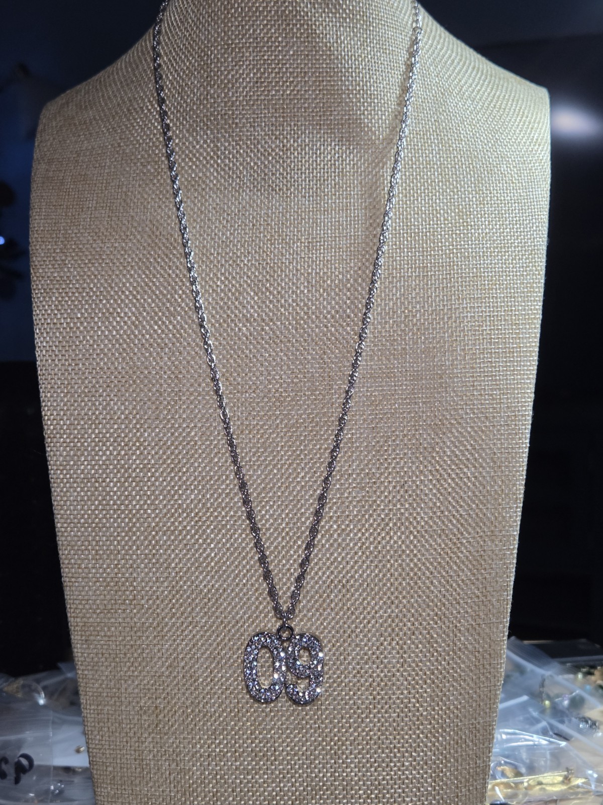 Jostens 09 Class Year Pendant Crystal Necklace Silver Tone Rope Chain 22-26″