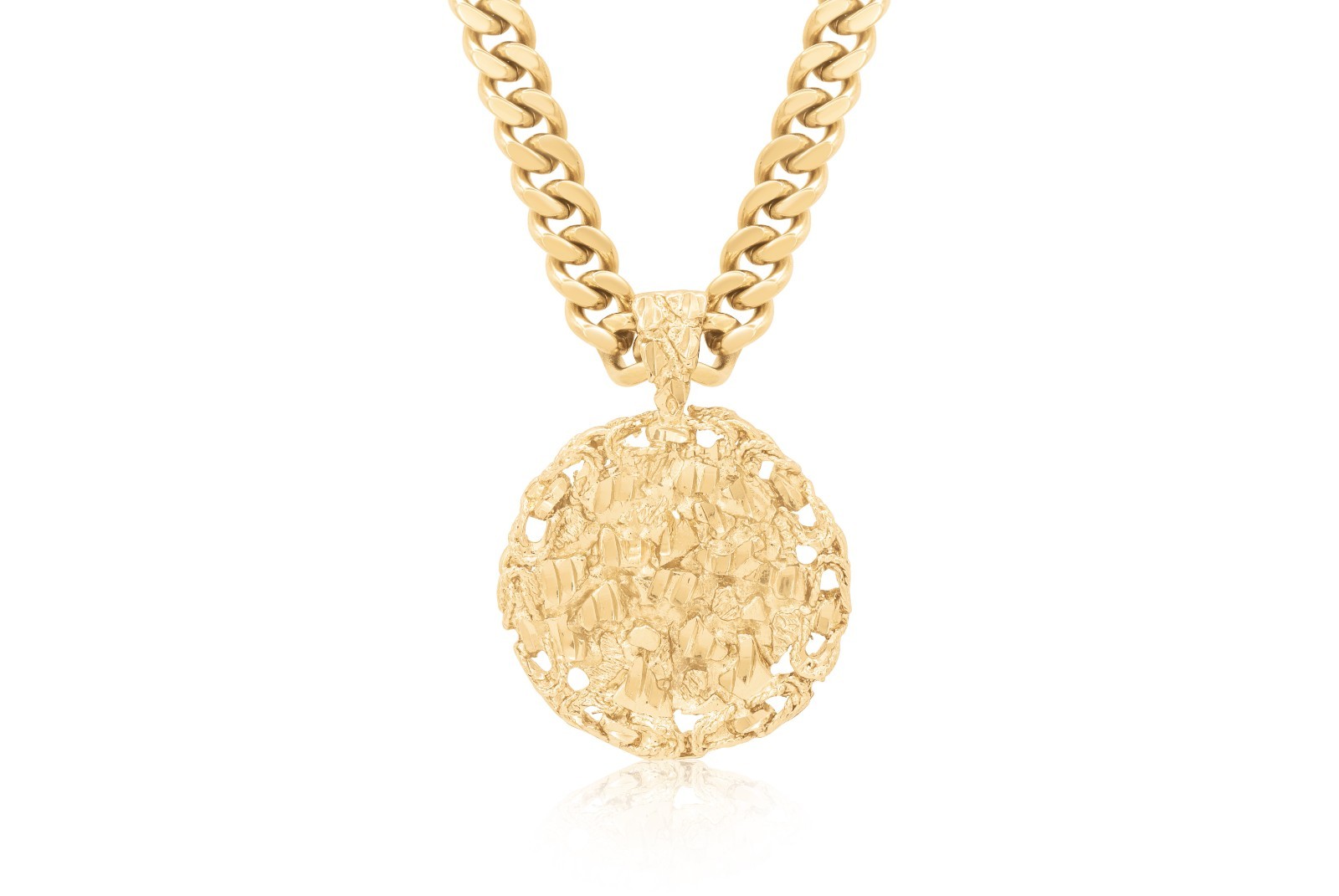 Gold Nugget Necklace, Round Nugget Pendant, 7mm Curb Chain, 14k Gold Plated