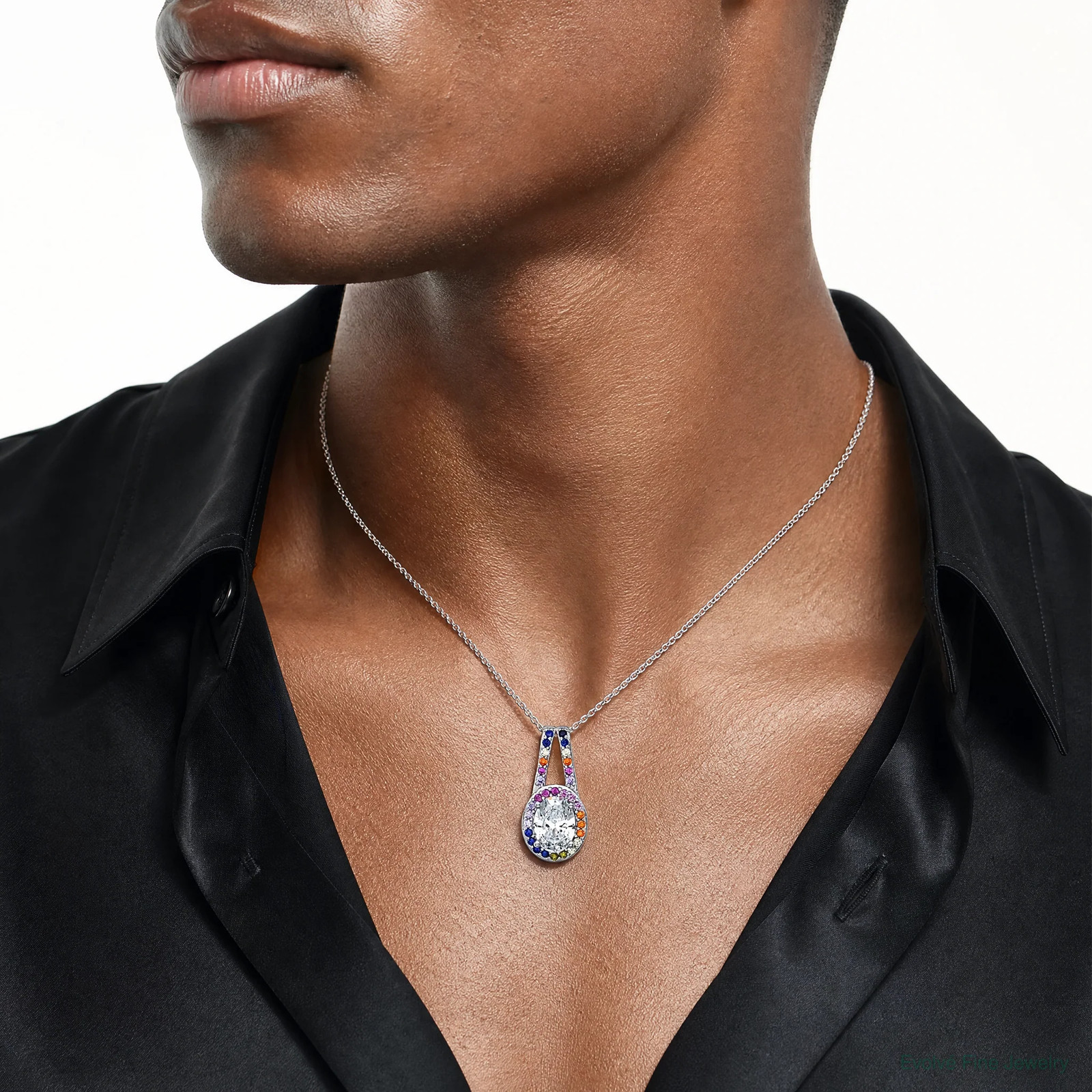Sterling Silver RH-Plated Polished Multicolor CZ Oval Halo Chain Slide Pendant