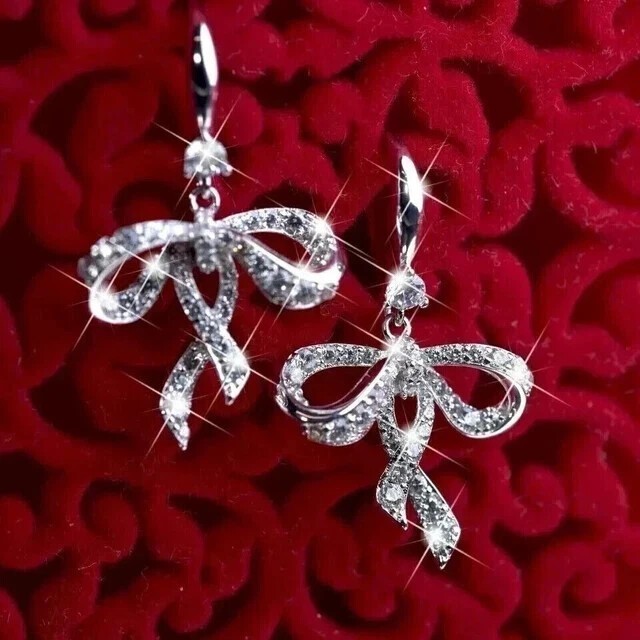 Women’s Bow Drop Hook Earrings Round Cut Simulated Diamond 14k White Gold Plated