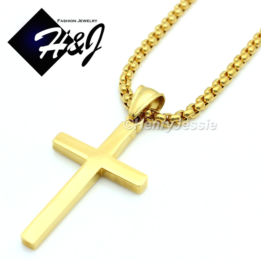 24″MEN Stainless Steel 2mm Gold Plated Box Link Chain Necklace Cross Pendant*G29