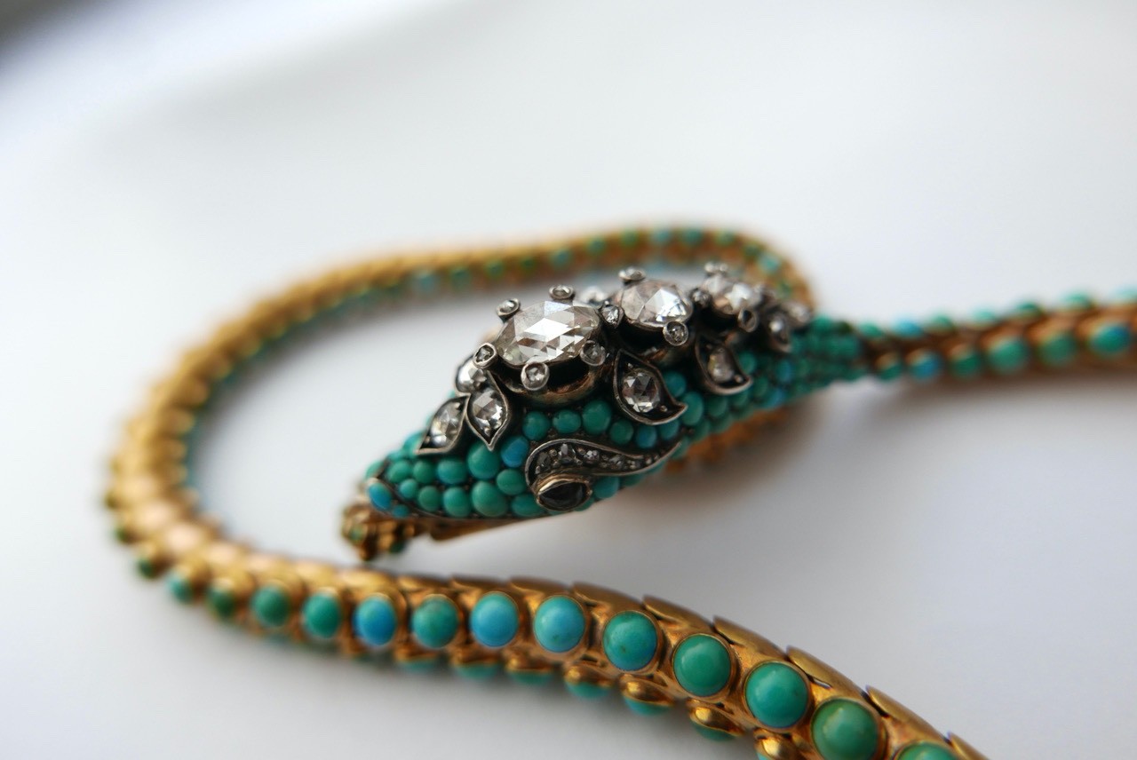 Antique Vintage Rare Snake Necklace Gold Diamonds Art Nouveau Art Deco C1890