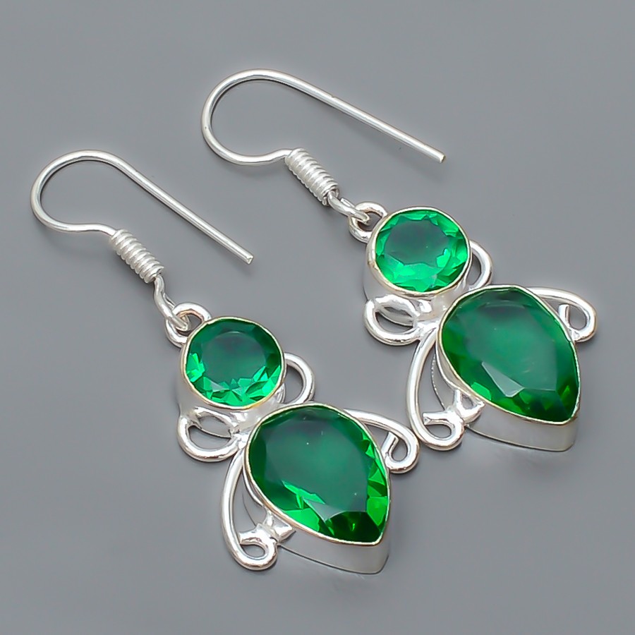 Emerald Quartz (Lab-Created) Gemstone 925 Silver Plated Earring 1.76″ S260