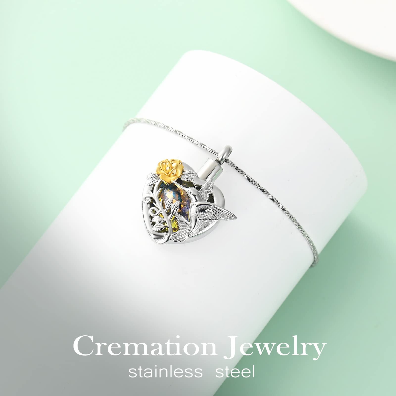 Hummingbird Rose Flower Crystal Heart Urn Pendant Necklace for Cremation Ashes
