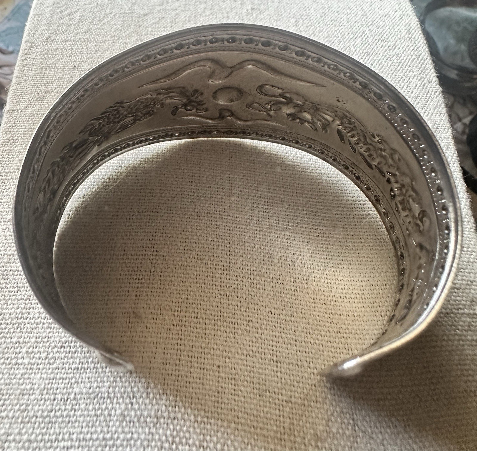 Wide Silver Tone Dragon Cuff Bracelet Asian Inspired Statement 1.5”