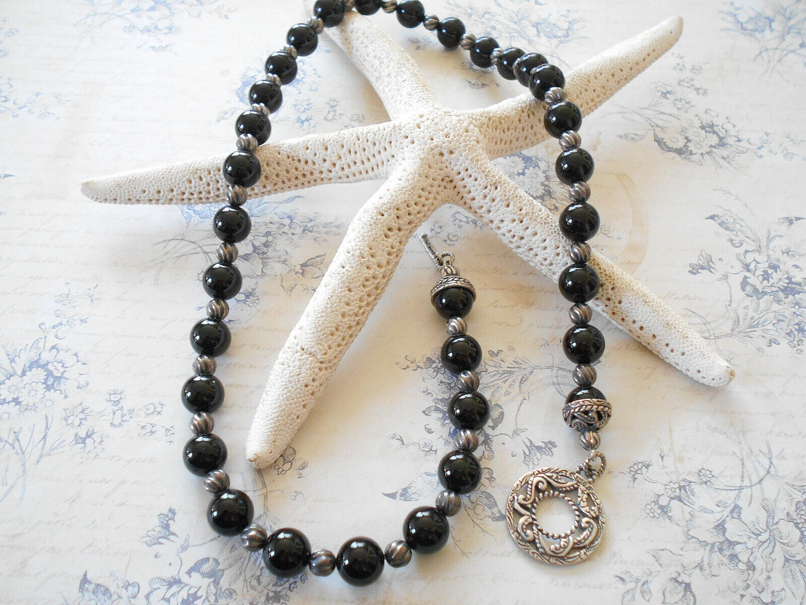 Carolyn Pollack Sterling 10.2 mm Black Onyx Beaded Necklace Toggle Clasp 49B83