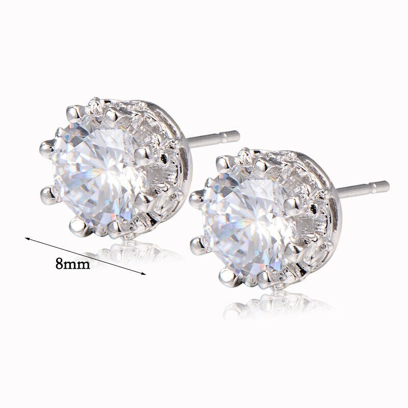 Pretty Silver Plated Round Crown Set Clear White 8mm CZ Stud Earrings